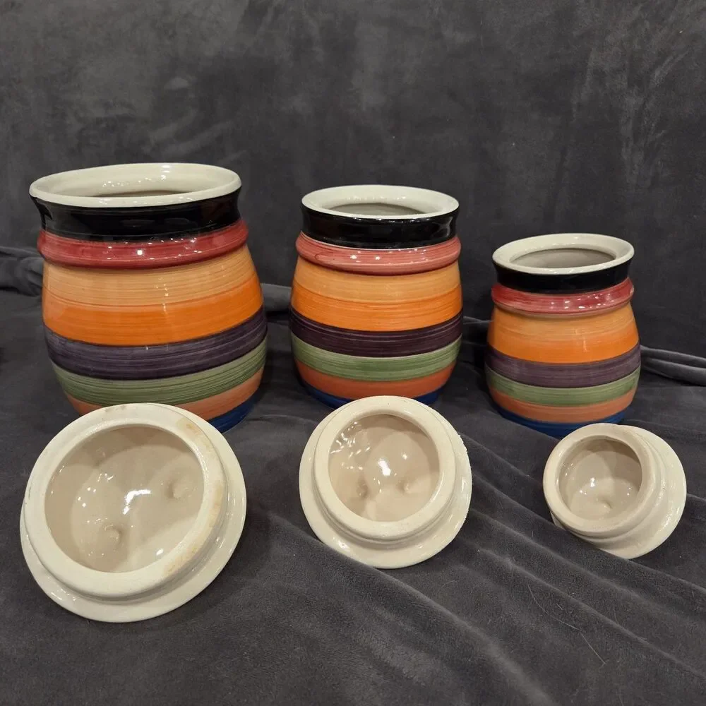 Vtg MCM Philippe Richard Rondo 1970s Striped Canisters Set of 3 ~ 9”, 6.5”, 5.5”
